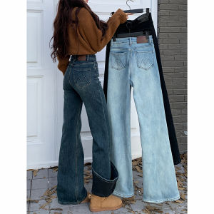High Waist Fleece Lined Flared Jeans Womens Winter New Style Leg Lengthening Versatile Pants Casual Wear Vintage Washed Denim