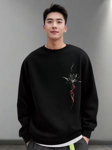 เสื้อสเวตเตอร์คอกลมแขนยาวพิมพ์ลายฤดูใบไม้ร่วง/ฤดูหนาวสำหรับผู้ชาย ทรงหลวม ดีไซน์ใหม่ 2025 เสื้อคลุมกันหนาวแบบสวมหัว