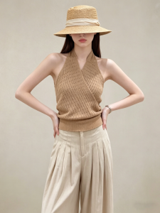 GULILI | Khaki Knit Cross Neck Top Linen Trousers Set