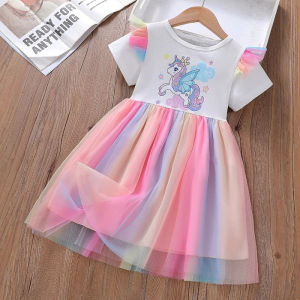 Princess Style Summer Dress for Girls Baby Short Sleeve Mesh Skirt Cotton Blend Fabric Breathable Comfortable Childrens Clothing