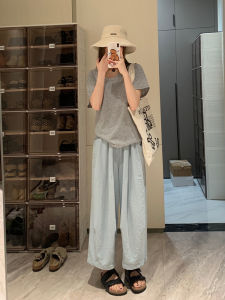 กางเกงขายาวทรงหลวมเอวสูง ทรงหลวม ทรงลำลอง สำหรับผู้หญิง กางเกงขายาวทรงหลวมสีน้ำเงิน ทรงลำลอง ทรงกระบอกเล็ก ทรงฤดูร้อน