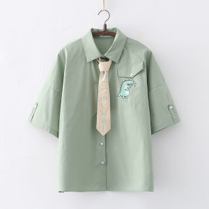Cute Dinosaur Tie Short Sleeve Loose Womens Shirt Summer Student Style Sweet School Uniform Cotton Blend Polo Neck Button up
