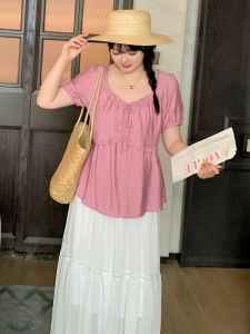 Phong Cách Pháp Dáng Rộng Áo Thun Plus Size Nữ Mùa Hè Thoáng Mát In Hình Thiết Kế Công Sở Mặc Tay Ngắn Cổ Vuông Phối