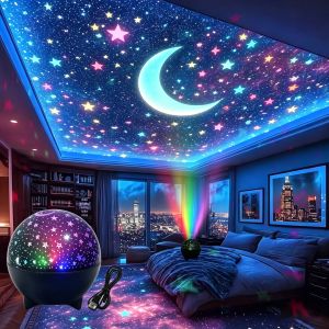 Đèn Ngủ LED Cắm USB Chiếu Sao Trời Dải Ngân Hà Mặt Trăng RGB Tự Động Đổi Màu Trang Trí Phòng Trẻ Em Quà Tặng Sinh Nhật