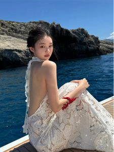 ชุดเดรสยาวปานกลางผ้าลูกไม้ปักสไตล์ฝรั่งเศสสำหรับผู้หญิงในฤดูร้อน ชุดราตรีคอวีแขนกุด กระโปรงทรงเอ ชุดทำงานสไตล์เกาหลี