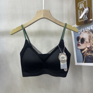 Seamless Satin Lace V-neck Tank-style Bra Womens Color Block Fixed Cup Gathered Underwear Youth Female Comfortable Bralette