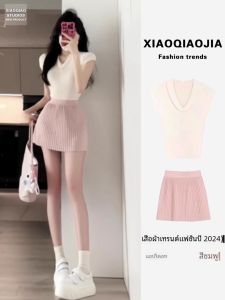 ฤดูร้อน แฟชั่นโดปามีนปล่อยหวานชุดสองชิ้น เดรส สูง เอว แขนสั้น คอวี กระโปรงทรงเอ ชุด