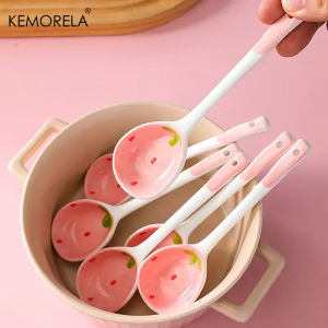 KEMORELA Strawberry Ceramic Soup Spoon Cute Korean Ice Cream Hand Painted Coffee Dessert Long Handle Spoon Kitchen Accessories