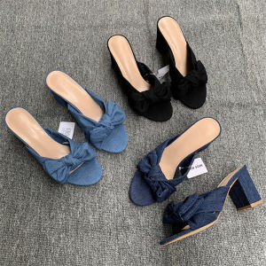 Summer Spring Blue Butterfly Knot Comfortable Denim Material Thick Heel Womens Slippers Outdoor Wear Casual High Heels Rubber Sole