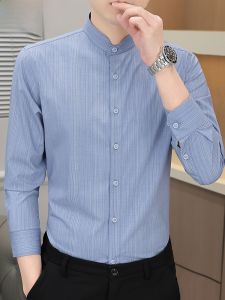 HENGYUANXIANG | Hengyuanxiang Mens Long Sleeve Slim Stripe Shirt Casual Business Flat Iron Treatment Spring Autumn Stand Collar Comfortable Fit
