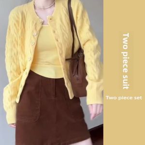 YUEZHONGWEI | Korean Style Early Spring Yellow Twisted Knit Sweater Set