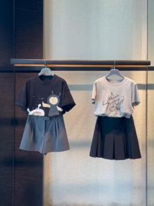 Korean Style Slimming Fashionable Casual Print Loose Short Sleeve Top Pleated Skirt Two Piece Set for plus Size Women