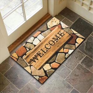 VIKAMA Pebble Mosaic Welcome Stone Black Natural Rock Art Crystal Velvet Door Mat Non Slip Entryway Bedroom Living Room Home