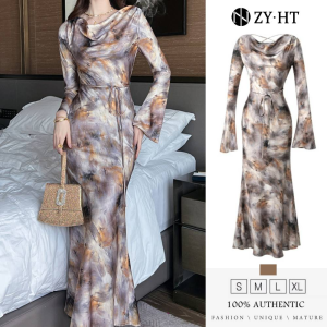 ZYHT EraVogue Women Satin Printed Fishtail Long Sleeve Dresses Formal Party Elegant Gowns Banquet Dresses 75005