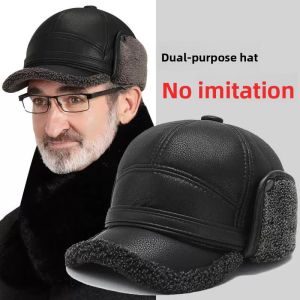Mens Winter Hat Dad Cap Fleece Lined Lei Feng Style Warm Ear Protection Windproof Cold Resistant Casual Adjustable round Top