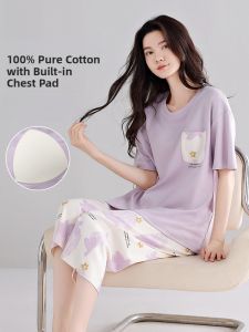 Miiow | Pure Cotton Cat Person Sleepwear Women Summer Integrated Short Sleeve Seven-Piece Pants Home Clothes Set Can Be Worn Outside