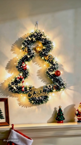 Pre-Lit 15.7 Inch Green Snowy Christmas Wreath Door Decor Set with Lights Round & Tree Shape Tinsel Wreaths with Ornaments for Xmas Home Door Wall Window Indoor/Outdoor Holiday Decor 2026