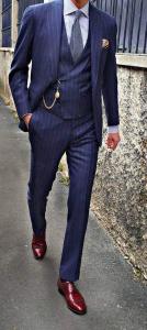 Mens One Button Pinstripe Suit Peaked Lapel Jacket Tux Vest Trousers Dress  Groom Business Tuxedos men suits wedding prom suits