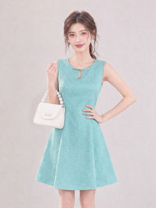 DENGLIULIU | Đầm Vest Màu Xanh Nhạt Phong Cách Retro Elegance Ôm Body Dáng Xòe