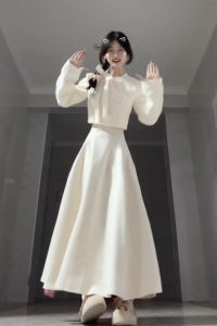 French Style Sweet Princess Dress Womens Autumn Winter Gentle Birthday Set Two-Piece Suite High Waist Long Sleeve Midi Skirt