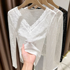 Ruffle Lace Base Shirt Womens Slim Fit Long Sleeve V-neck Thin Mesh Top Korean Style Commute Pure Color Fashion Design