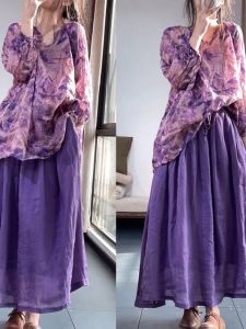 Mori Style Artistic Cotton and Linen Suit Womens Print Ramie Shirt Baby Shirt Top Large Swing Linen Skirt Two-piece Set