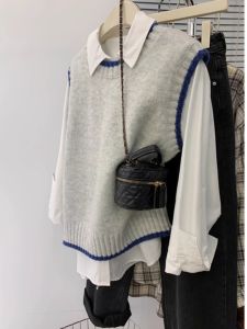 ทันสมัย ถัก เสื้อกั๊ก เสื้อเชิ้ตชุดสองชิ้น ผู้หญิง 2024 สไตล์ใหม่สํานักงานเดินทางเรซิ่นสีความคงทนสีบริสุทธิ์ เสื้อกั๊ก