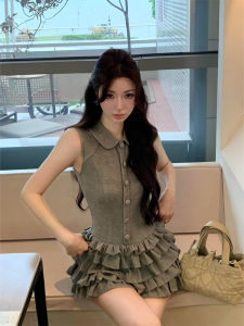 ชุดเดรสแขนกุดคอโปโลสีพื้นทรงเอสไตล์เรโทร กระโปรงสั้น ดีไซน์เก๋ไก๋ ผ้าฝ้ายผสมโพลีเอสเตอร์ ชุดทำงานฤดูร้อน