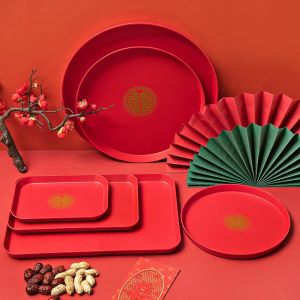Plastic Chinese Tray Rectangular Red Storage Flat Plate Toast Wedding Happiness Plate Dowry Toast Tea Tray Dried Fruit