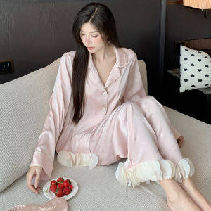 Bộ Đồ Ngủ Lụa Băng Tay Dài Phong Cách Pháp Mùa Xuân 2025 Cho Nữ Bộ Đồ Ngủ Ren Bướm Màu Hồng Bộ Đồ Ngủ Mùa Xuân Thu