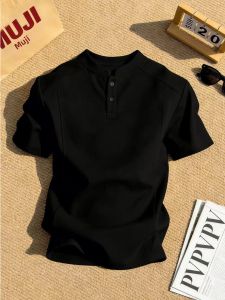 ZHUOCAN | Áo Thun Tay Ngắn Henry Collar Phom Đứng