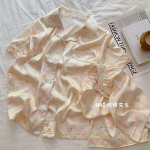 ชุดนอนผ้าไหมน้ำแข็งสำหรับผู้หญิงในฤดูร้อน ชุดนอนผ้าฝ้ายคอตตอนนุ่มสบาย แขนสั้น กระโปรงสั้น สไตล์การ์ตูน ใส่ไปข้างนอกได้