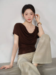 Tencel Wool Drape Hem Ruffle Drop Shoulder Short Sleeve T Shirt Slim Fit