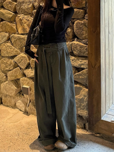 Retro American Grey Sash Workwear Denim Pants Women High Waist Loose Slimming Draping Wide Leg Floor-Length Trousers