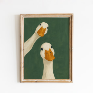 Serene Duck Duo Green Wall Art - Calming Print Celebrating Fowl Friendship. The Deep Green Backdrop and Sweet Duck Faces Create