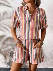 Bộ Đồ Hai Mảnh Rộng Rãi Mùa Hè Thời Trang Cổ Tròn Không Tay Sọc Quần Ống Rộng Giản Dị Thời Trang Áo Và Quần