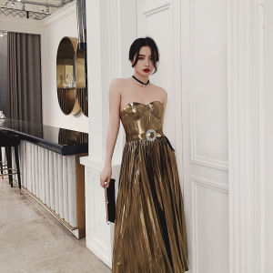 ชุดราตรีสีทองหรูหรา เซ็กซี่ เข้ารูป เข้ารูป ใส่ได้ตลอดทั้งปี เดรสยาวปานกลาง ชุดราตรี ชุดงานเลี้ยง ชุดวันเกิด