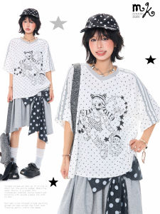 MKGO | Cartoon Print Polka Dot V-Neck T-Shirt