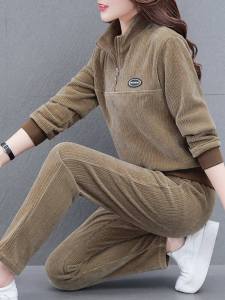 Bộ Đồ Thể Thao Nhung Kẻ Thời Trang Thu Đông Cho Phụ Nữ Trung Niên Bộ Đồ Hai Mảnh Thoải Mái Thường Ngày Áo Hoodie Chất Liệu Cotton