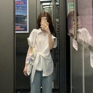 VKSOD | French Elegant White Short Sleeve Shirt Womens Summer 2025 New Uneven Waist Inward Shirt Polo Collar Regular Fit Pure Color