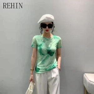 REHIN Womens T-shirts New Summer fashion mesh green coloful floral printed short-sleeved T-shirt round-neck Slim thin elegant trend tops