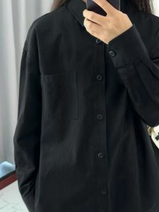 Retro Cool Black Pure Cotton Shirt Womens Loose Layering Thin Long Sleeve Slimming Outerwear Trendy Korean Style Commute