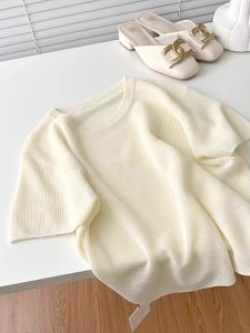 Summer Soft Ice Silk Thin round Neck Short Sleeve T-Shirt Knitted Korean Fashion Versatile Shoulder Level Top in Beige