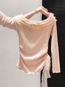 Áo Thun Tay Dài Màu Hồng Ngọt Ngào Kiểu Pháp Dành Cho Nữ Áo Ngắn Eo Thon Gọn Cổ Chữ V Tay Dài Mùa Thu 2025 Thương Hiệu Baisanfei