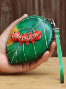 Top Layer Cowhide Mini Coin Purse Creative Caterpillar Design Handheld Bag Key Holder Festive Gift Ideas Cartoon Style
