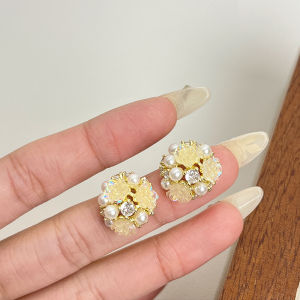 Gold Hollow out Micro Paved Camellia Pearl Stud Earrings Womens 2025 New Popular Luxury Minimalist High End Feeling Ear Jewelry