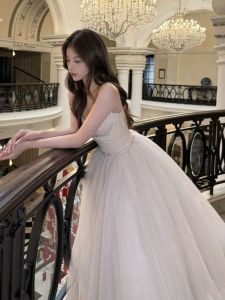Váy Lưới Fairy French Style Đơn Giản Chất Liệu Polyester Ôm Eo Cổ Chữ U Không Tay Dài Đến Giữa Váy Mùa Thu