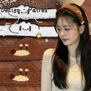 4Pcs Cartoon Animal Embroidered Wide Hair Headband Fabric Hair Hoop Cute Dachshund Cat Pattern Daily Hair Styling Headwear for Women