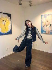 Early Spring Korean Style Wear Suit Womens Autumn New Arrival Denim Vest Bandage Dress Stripes T-shirt Loose Pants Three-Piece Set Age Reducing