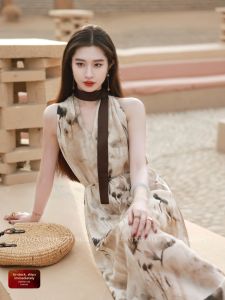 LINGQIAN | French Ink Painting Halter Neck Summer Resort Dress
